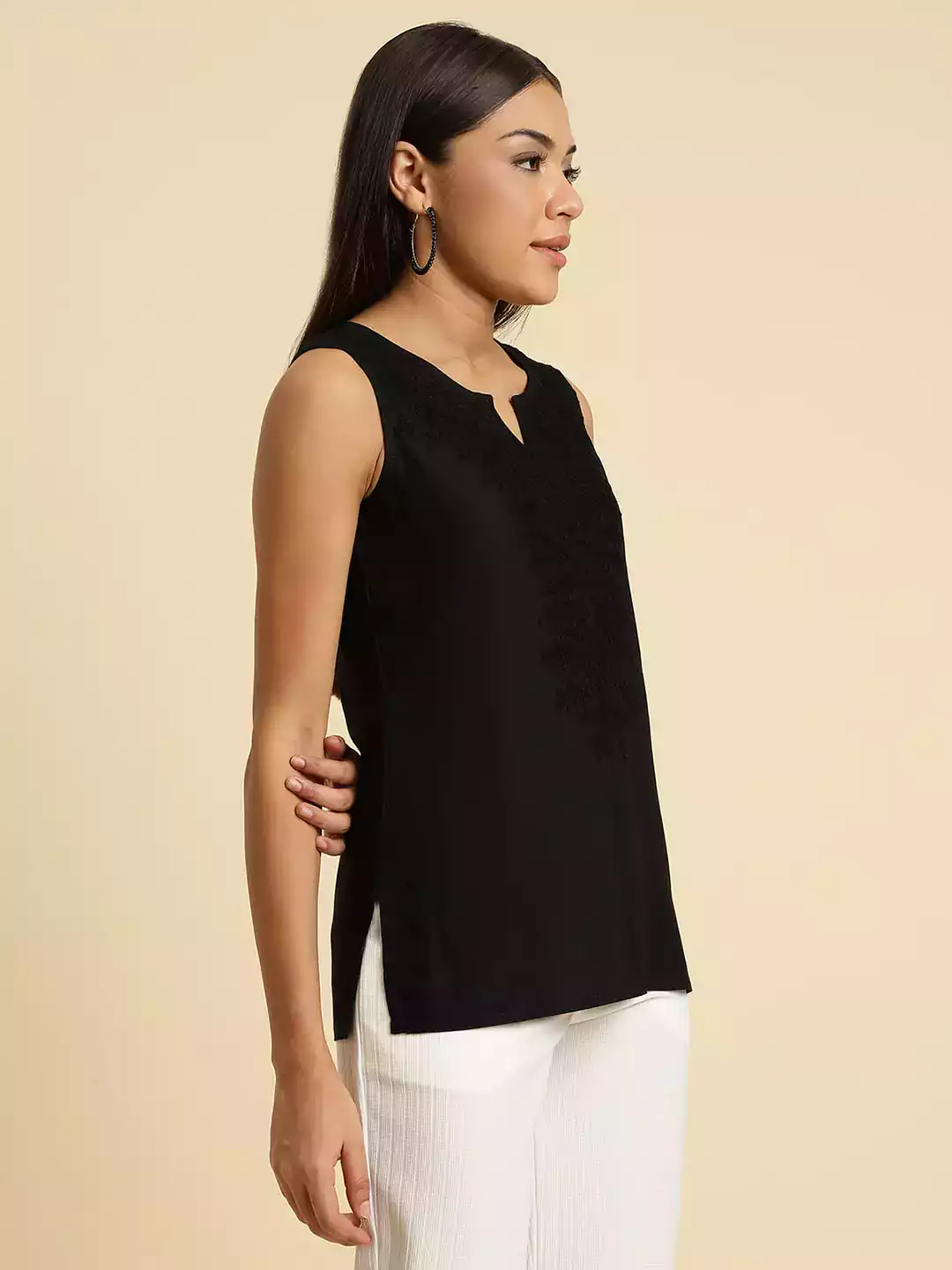 Black Self-Embroidered Sleeveless Short Kurti
